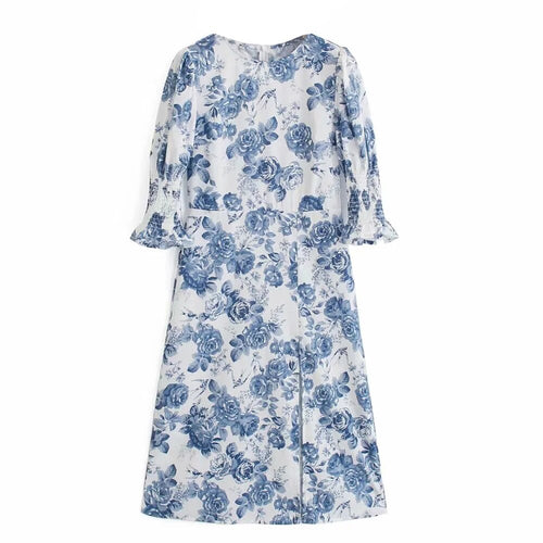 harajuku 2021 Summer women O Neck Slit Dresses Fashion Party Retro floral Vestidos half sleeve Boho vintage Printed Midi Dress