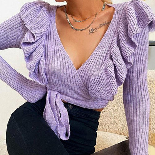 korean Fashion Autumn Winter Vintage Sweaters women Slim Knit Sweater Long-Sleeved Ruffles Sexy V-neck Women's Sweater Pullovers