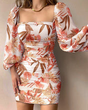 Load image into Gallery viewer, mini dress women&#39;s Floral Print Lantern Sleeve Ruched Bodycon Dress 2021 autumn sheath dress