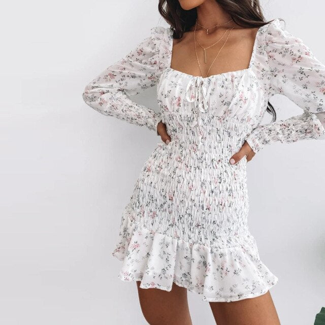 new women's 2021 pleated ruffled floral dress ladies temperament open back square collar long sleeve chiffon dress summer