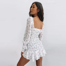 Load image into Gallery viewer, new women&#39;s 2021 pleated ruffled floral dress ladies temperament open back square collar long sleeve chiffon dress summer
