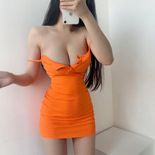 Load image into Gallery viewer, summer off shoulder sleeveless suspender dress female sexy slim mini dress conspicuous orange vest dresses street party Carnival