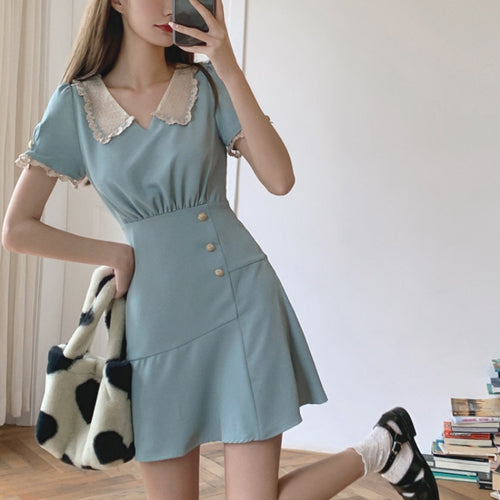 vintage summer solid dresses women elegant  kawaii korean patchwork sweet dress female casual holiday short sleeve dress 2021