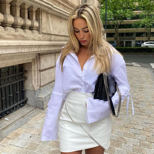 women shirts long sleeve botton shirt white 2021 summer sexy v-nexk Blouse tops autumn office lady Fashion Bandage T Shirts