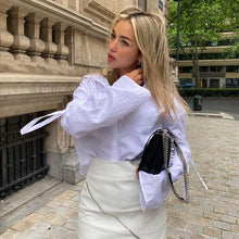 Load image into Gallery viewer, women shirts long sleeve botton shirt white 2021 summer sexy v-nexk Blouse tops autumn office lady Fashion Bandage T Shirts